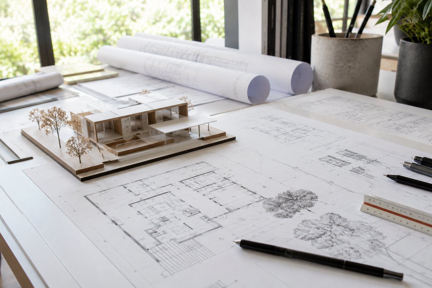 Mesa de trabajo del estudio con planos, maqueta e instrumental de delineado